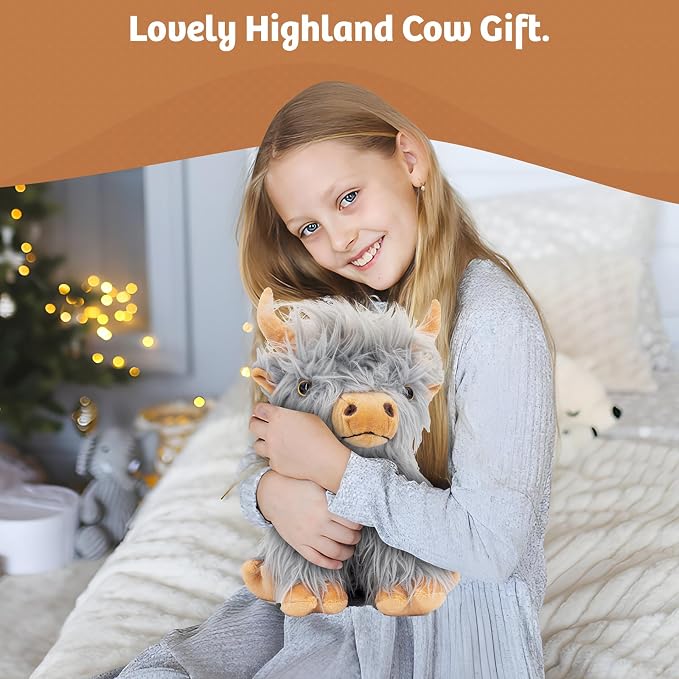 Marysun Highland Cow Stuffed Animal Toy Non-Microwavable Gray Stuffed Animal Gift for Girls and Kids, 9.8in, 0.5lb