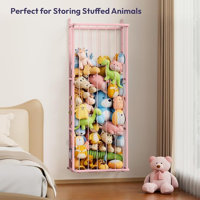 SWTYMIKI Hanging Stuffed Animal Storage, Full Pink, 3-Tier | Over Door, Wall Mounted or Corner, Large Plush Toy Organizer, For Nursery & Kid Room Bedroom