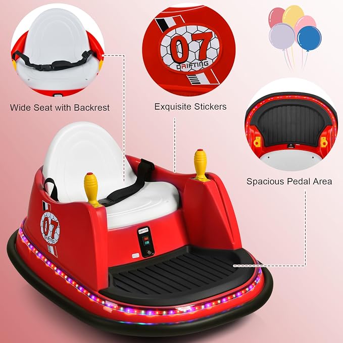 Costzon Bumper Car for Kids, 12V Electric Toddler Bumping Car with Remote Control, Dual Joysticks, 360 Spin, Music, Flashing Lights, Slow Star, Toddler Bumper Car Ride on Toy for Boys Girls Gift (Red)