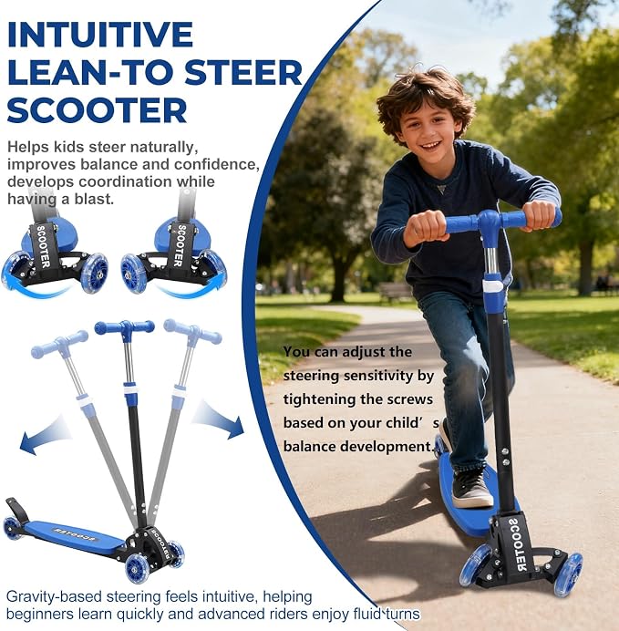 3 Wheel Scooter for Kids Ages 3-12, LED Light-Up Kids Kick Scooter–Portable Foldable, Adjustable Height, Durable Metal Construction, 6" Extra Wide Deck for Outdoor Activities,Child Safety Certified