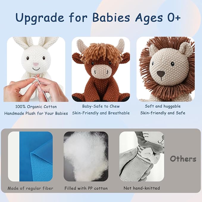 3Pcs Easter Stuffed Animals Toys for Girls 7-8 Inch Cute White Bunny Plush, Cuddly Highland Cattle Toy and Soft Crochet Lion Knitted Cotton Baby Plush Toy Gift for Kids and Newborns, Christmas