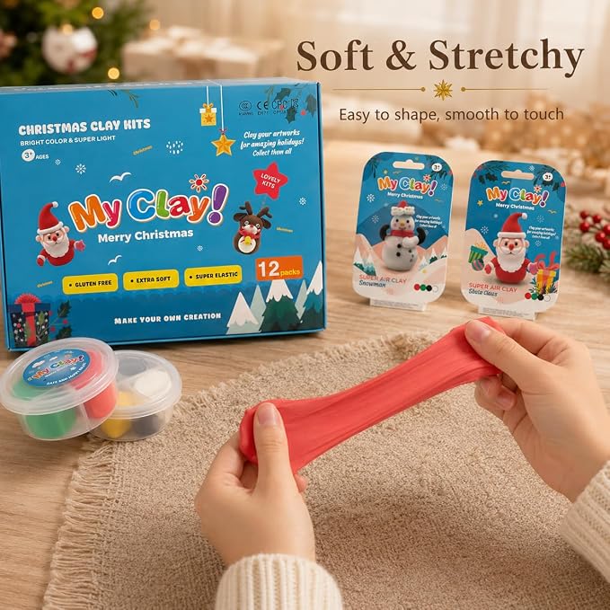 Air Dry Clay for Kids, 12 Christmas Modeling Clay DIY Model Magic Clay Kit with Tools&Tutorials, Soft&Non-Sticky, Safe&Non-Toxic, Creatible Art Crafts Toys Gifts for Kids,Christmas Crafts Xmas Gift