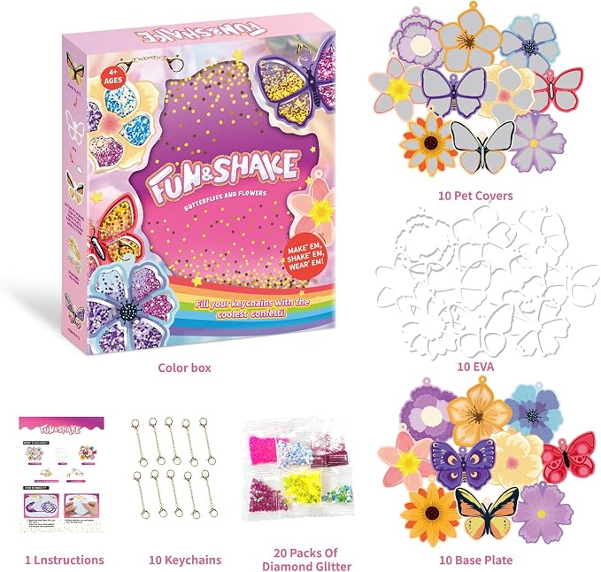Artnedu Shake-its– Fun&Shake Kit de artesanato com Glitter para crianças, artes e artesanato DIY com chaveiros,Flowers & Butterflies,Creative Gift for Girls & Boys Ages 4, 5, 6, 7, 8, 9, 10