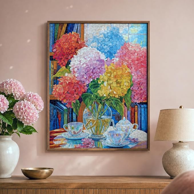 Cross & Glory – The Color of Calm – 1000 Piece Jigsaw Puzzle for Adults | Elegant Hydrangea Still Life Art Puzzle | Premium Quality 1000 Piece Puzzle for Adults