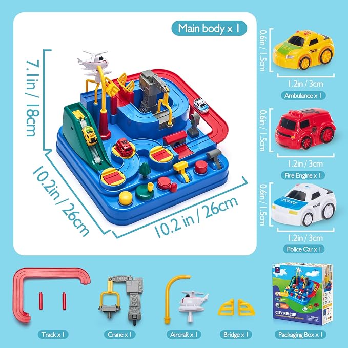 Hahaland 3 Year Old Boy Toys - Race Track Toys, Car Toy for Boys 3-4, Puzzle Track Rescue Racer Game with Magnetic Helicopter, STEM Learning, Montessori, Toddler