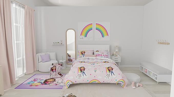 Gabby's Dollhouse Kids Full Size Bedding, 7 Piece Super Soft Cozy Reversible Comforter and Sheet Set with Sham, (Officially Licensed Product) By Franco