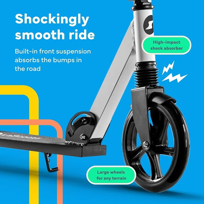 LaScoota Kick Scooter for Kids Ages 6+, Teens & Adults, Large 8" Sturdy Urethane Wheels. Adjustable Handlebar, Lightweight, Foldable, 220lbs Max Load
