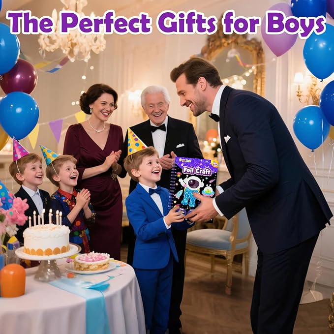 FUNNYB&G Foil Art Craft Kit for Boys 4-10 Years Old: Mess-Free & No-Glue, Create 16 Sparkly Space Pictures – Perfect Travel Toy & Birthday Gift for Kids (Space)