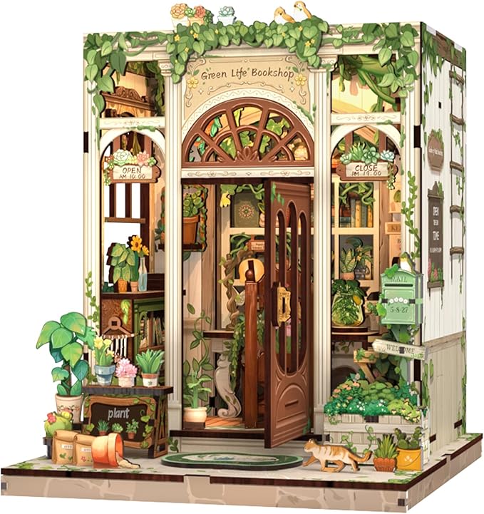 Fsolis Book Nook Kit, 3D Wooden Puzzles for Adults DIY Miniature House Mini Building Kit Booknook Bookstore Bookshelf Diorama Garden Kit Gift for Women Puzzle Lovers (Green Life's Bookshop)