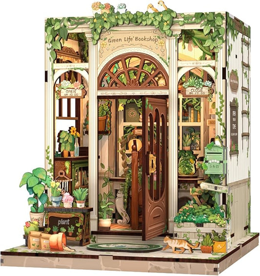 Fsolis Book Nook Kit, 3D Wooden Puzzles for Adults DIY Miniature House Mini Building Kit Booknook Bookstore Bookshelf Diorama Garden Kit Gift for Women Puzzle Lovers (Green Life's Bookshop)