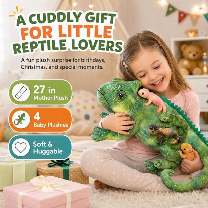 Green Lizard Plush, 27-Inch Mother Iguana Stuffed Animal with 4 Baby Lizard Plushies, 5-Piece Soft Giant Reptile Toy for Kids Gifts