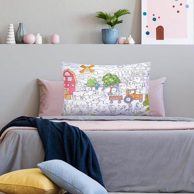Mindsoft Coloring Pillowcase with 12 Pcs Markers Color Your Own Pillowcase Kit for Coloring Craft Decoration Supplies, 28.7 x 19.7 Inch(Farm)