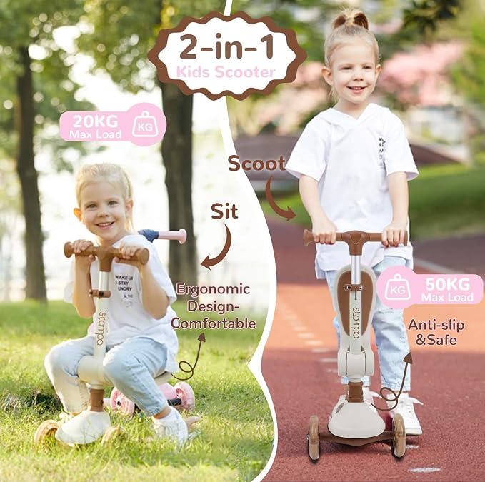 Stompa Kids Scooter 2-in-1 Light Up 3 Wheel Scooters with 4 Levels Adjustable Handlebar, Foldable Seat, Widen Non-Slip Deck for Girls & Boys Max 110 Lbs