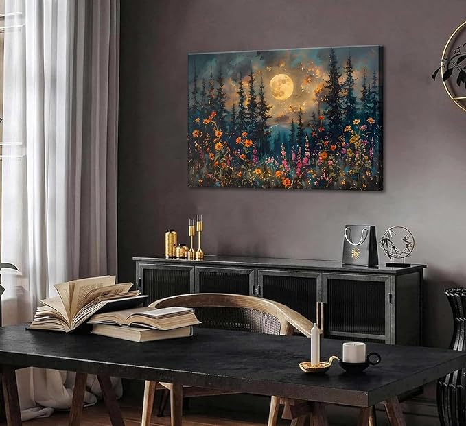 Paint by Numbers for Adults and Kids Beginner, Moonlit Tree Mountains Wildflowers Painting by Number Kits On Canvas Number Artist Paint by Number Kit Oil Painting Acrylic Paints Home Wall Decor Gift