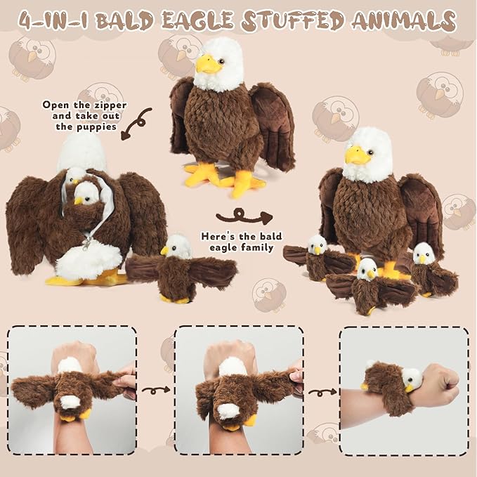 4 Pcs Bald Eagle Stuffed Animal, 14" Zippered Large Mommy Stuffed Eagle Plush with 3 Baby Bald Eagles Toys, Wild Zoo Animals Gifts for Kids Boys Girls Birthday Christmas