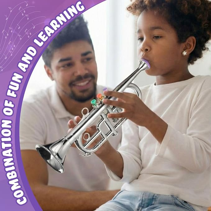 Lewtemi Silver Three-Valve Trumpet Musical Instruments Toy for Kid Toddler Fake Plastic Preschool Music Toy Gift Portable Wind Instrument Early Educational Teaching Songs Gifts for Toddlers Children
