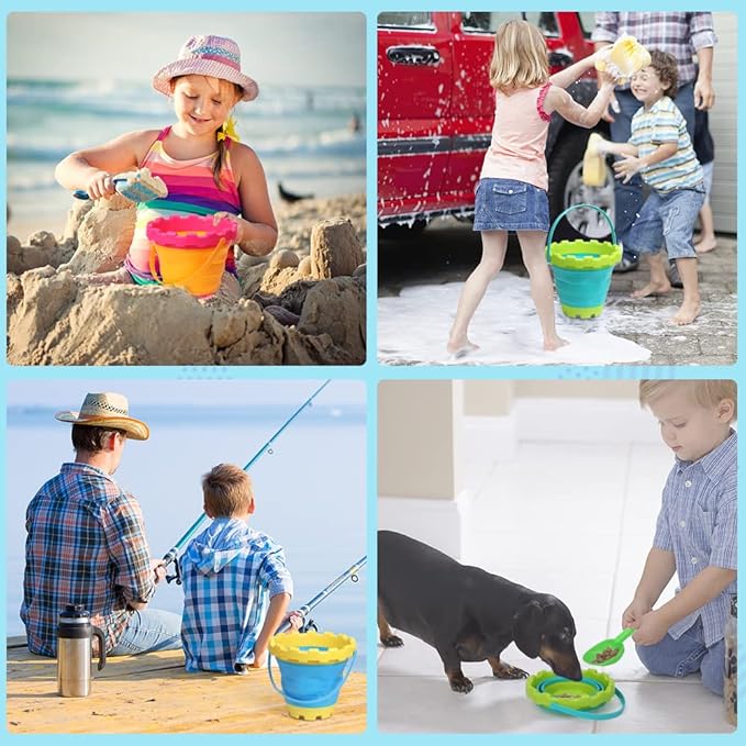 Jumbo Sand Beach Bucket Toys for Kids, Large Fodable Bucket with Mesh Bag, Silicon Travel Collasible Pail Toys For Sand Snow Fun, Sanbox Toy Garden Tools Perfect for Beach Snow Backyard Gifts 3 PACK