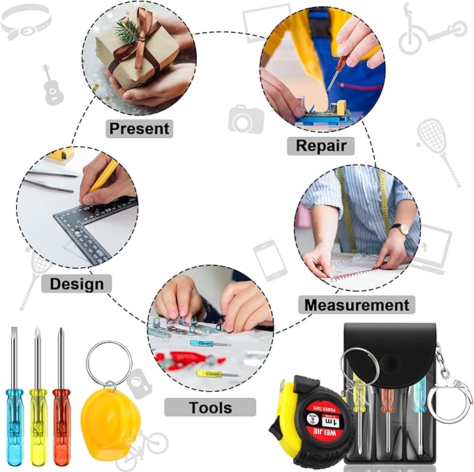 Jutom 144 Pcs Mini Construction Helmet Keychains Tape Screwdrivers Tool Adult Men Gifts Bulk for Easter Egg Stuffers Father's Day Construction Party Favors Gifts