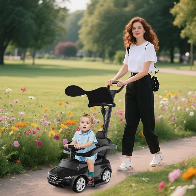OLAKIDS Push Car for Toddlers, 3 in 1 Licensed Mercedes Benz Baby Sliding Walking with Parent Control Handle Adjustable Canopy Guardrail Under Seat Storage, Kids Ride on Toys with Horn (Dark)