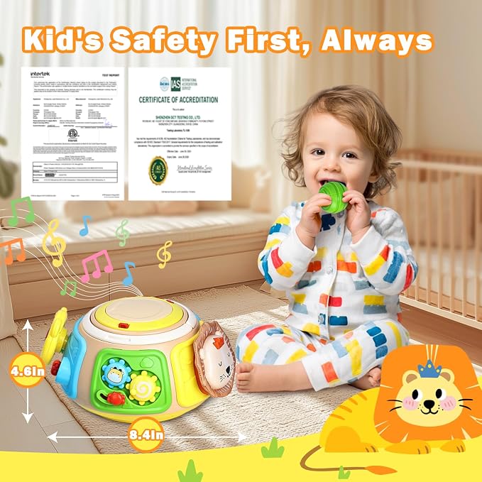 7-in-1 Activity Cube Drum Montessori Toys for Baby 18+ Months, Busy Toys for Toddlers with 9 Sensory Shape Blocks, Music & Light Educational Toys Christmas Birthday Gifts for Kids Boys Girls