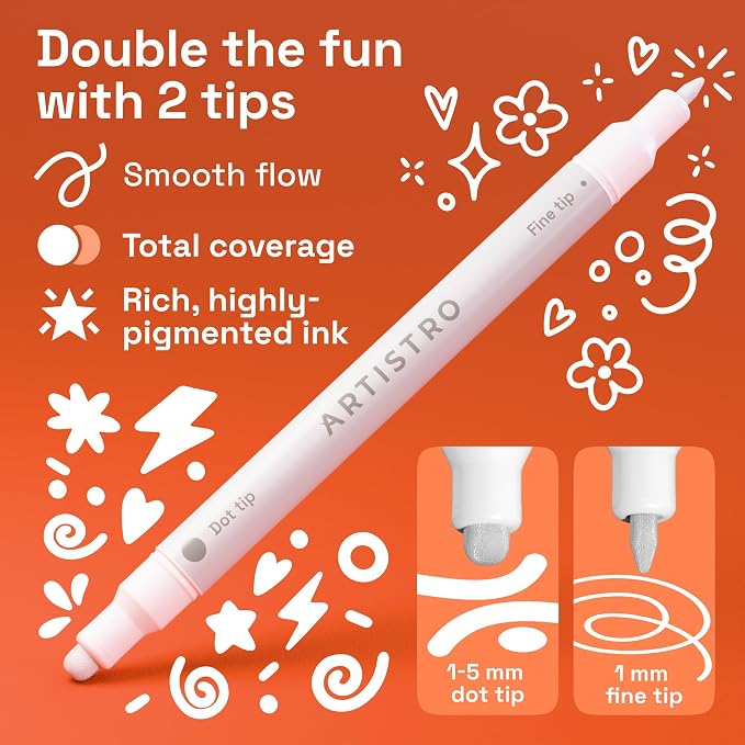 ARTISTRO 12 White Dual-Tip Acrylic Paint Markers – Paint Pens Set with Dot & Fine Tips for Fabric, Rock, Glass, Wood, Coloring Books – Arts & Crafts Gift – Classroom Must Haves & School Supplies