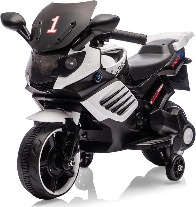 Kids Ride On Motorcycle, 6V Battery Powered Electric Motorcycle, w/Treaded Tires, Horn, Working Headlight, Music, Training Wheels, Stable Ride On Toys for Kids Toddler Boys Girls 3-6, White