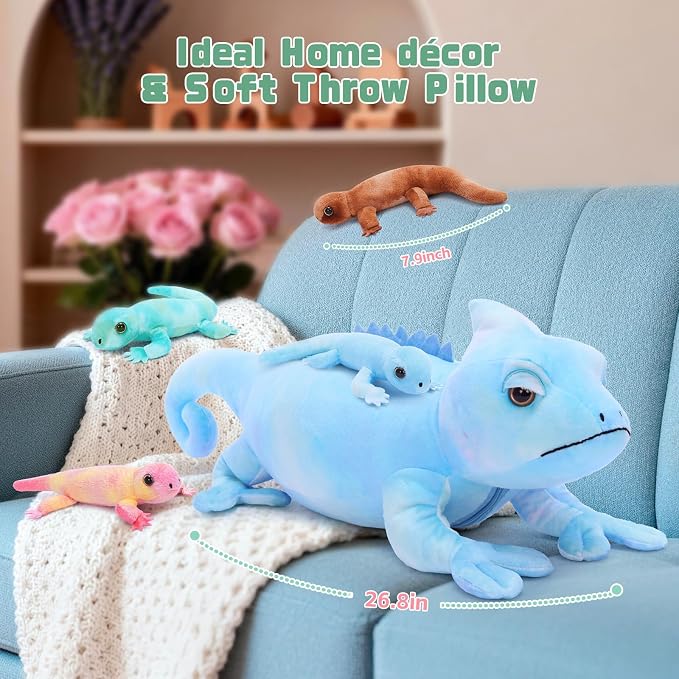 MorisMos 27" Giant Chameleon Stuffed Animal with Baby Lizard Toys Inside, 5Pcs Mama & Baby Stuffed Lizard Plush Toys for Kids, Realistic Rainbow Chameleon Plush Toy, Jungle Birthday Gift & Room Decor