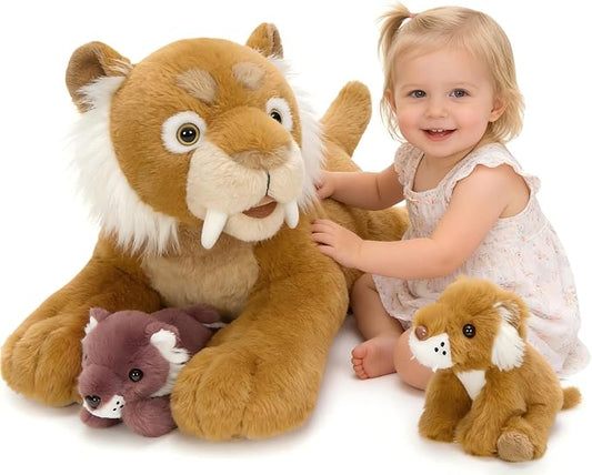 Tezituor Tiger Stuffed Animal,Tigers Plush Toys Set,17.7in Large Mommy Smilodon with 2 Babies,Realistic Wild Saber Tooth Tigers Plushie Stuffy Gift for Kids Boys Girls Easter Valentines Christmas