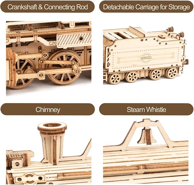 ROKR 3D Wooden Puzzle for Adults-Mechanical Train Model Kits-Brain Teaser Puzzles-Vehicle Building Kits-Unique Gift for Teens on Birthday/Christmas Day(1:80 Scale)(MC501-Prime Steam Express)