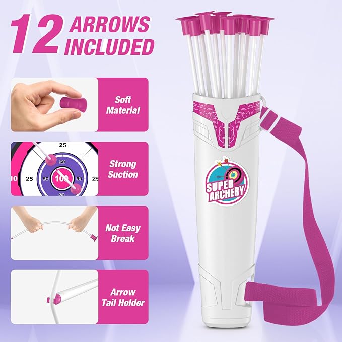 HYES Bow and Arrow for Kids, LED Light Up Archery Set with 12 Suction Cup Arrows, 1 Hanging Target, 3 Score Targets & 1 Quiver, Indoor Outdoor Sport for Boys Girls Ages 4-12, Purple
