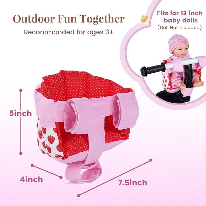 BABESIDE Doll Bike Seat for 12 Inch Dolls, Strawberry Doll Carrier for Kids Bike and Scooter, Baby Doll Accessories for Outdoor Play, Doll Bicycle Seat Gift for Girls Age 3+