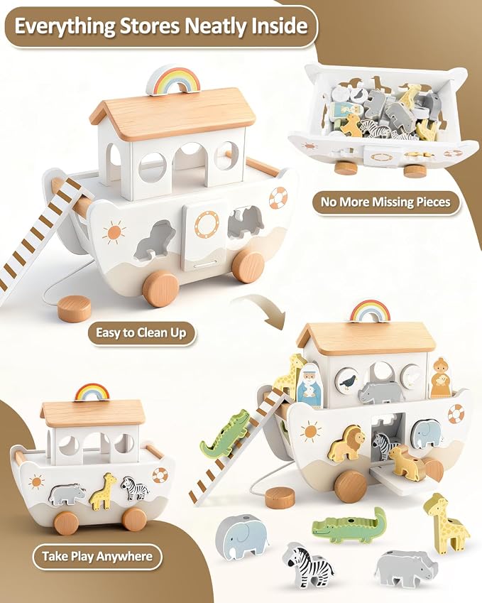 Wooden Noah’s Ark Toy for Toddlers 1-3, Baptism Christening Gifts for Boys Girls, Christian Toy Animal Shape Sorter, Baby Birthday