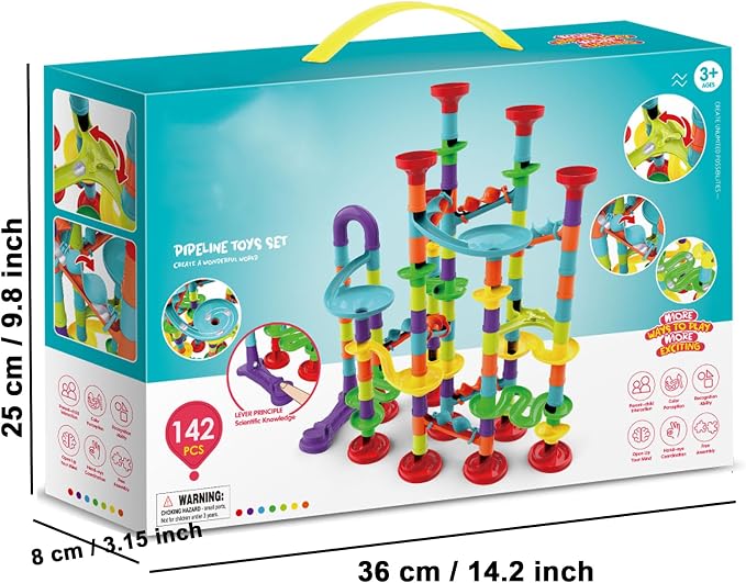 142 PCS Marble Toy Premium Set,STEM Educational Building Block Toy,Marble Track Race Set with 30 Glass Marbles for Boys & Girls,Construction Building Blocks Toys for Kids