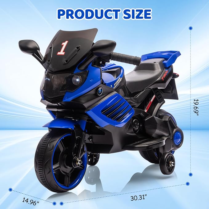 Kids Ride On Motorcycle, 6V Battery Powered Electric Motorcycle, w/Treaded Tires, Horn, Working Headlight, Music, Training Wheels, Stable Ride On Toys for Kids Toddler Boys Girls 3-6, Blue