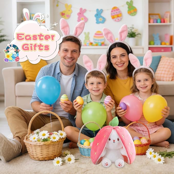 MIAODAM 13.7in Large Easter Bunny Stuffed Animal, Kawaii Squishy Cute Easter Bunny Plush Turn Into Rabbit Fruit Doll Strawberry, Christmas Plushies Funny Bunny Toy for Kid Gift for Girlfriend