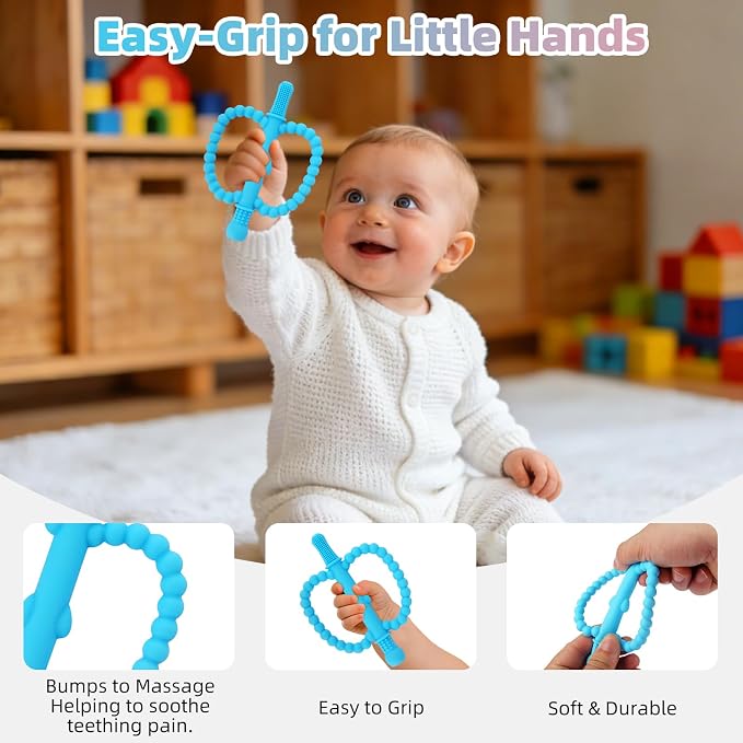 Fu Store Hollow Teether Tube 3 Pack Apple Shape Chew Straw Sensory Toy for Infant Toddlers Silicone Tubes Teething Toys for Babies 0-6 0-12 0-36 Months (Pink, Dark Pink, Blue)