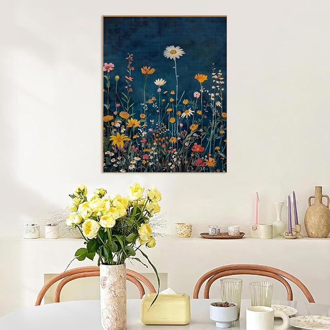 Paint by Numbers for Adults and Kids Beginner, Rustic Dark Blue Colorful FlowerPainting by Number Kits On Canvas, Number Artist Paint by Number Kit Oil Painting Acrylic Paints, Home Wall Decor Gift