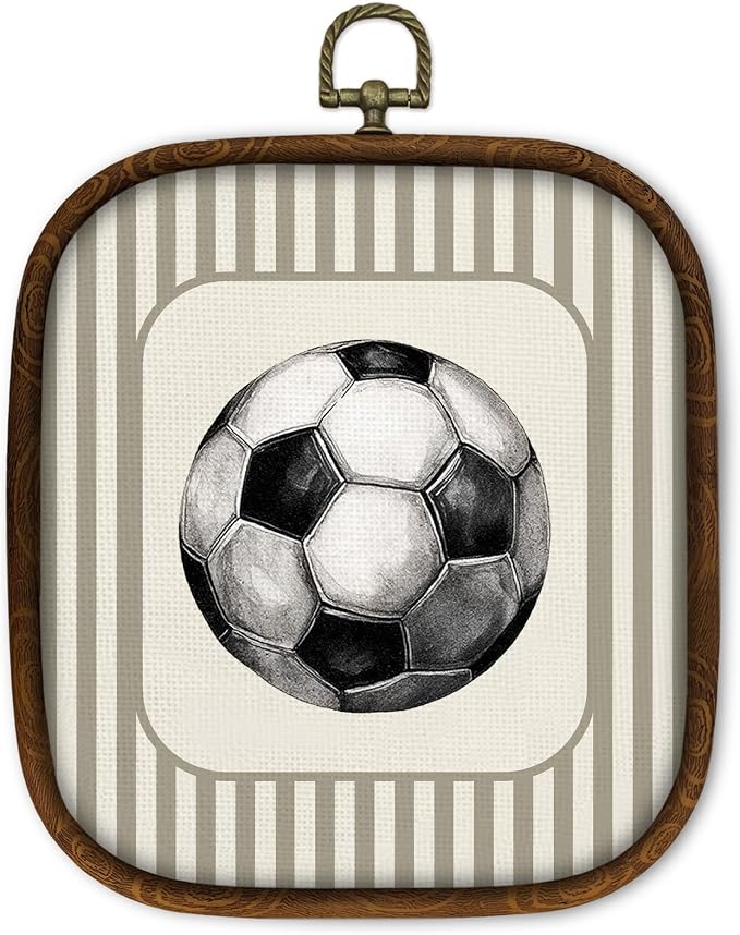 WULQYING Soccer Sports Nursery Wall Art Decor, Boys Room Square Framed Canvas Art Prints, Neutral Striped Sport Lover Gift Wall Hanging Decor for Kids Nursery Room Playroom, 5.7x6.5 Inches