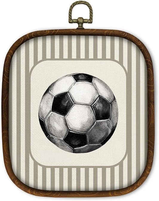 WULQYING Soccer Sports Nursery Wall Art Decor, Boys Room Square Framed Canvas Art Prints, Neutral Striped Sport Lover Gift Wall Hanging Decor for Kids Nursery Room Playroom, 5.7x6.5 Inches