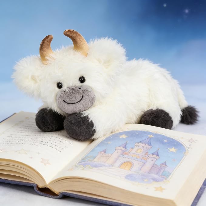 Hopearl Adorable Plush Yak Cow Toy Floppy White Yak Soft Kawaii Stuffed Animal Cute Birthday Holiday Gift for Boys Girls Kids Toddlers, White, 10''