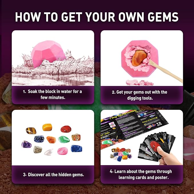 Gemstone Dig Kit, Dig Up 12 Real Gems for Kids,Gem Dig Kit with Tools & Learning Cards,Educational Geology Kit for Boys Girls Ages 6+