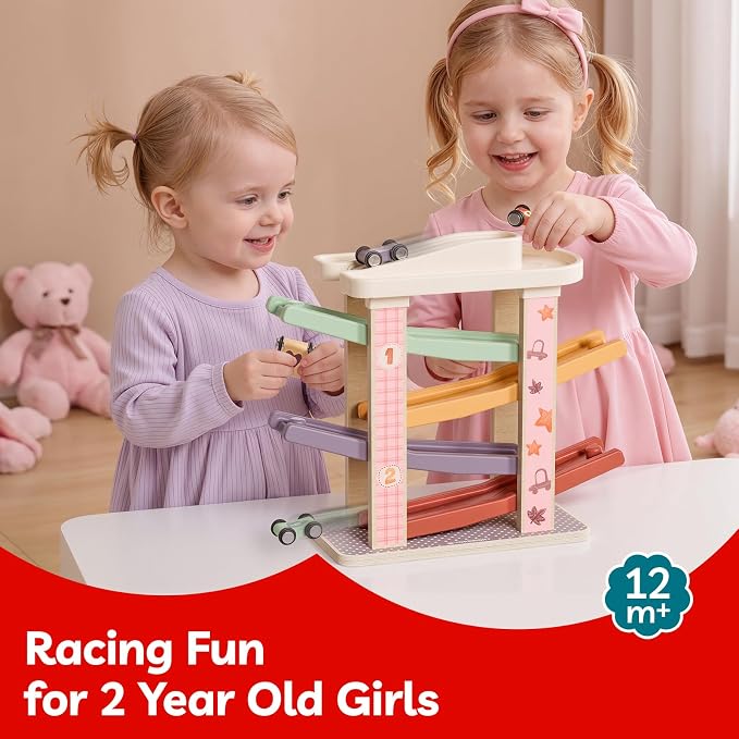 TOP BRIGHT Toddler Toys for 1 Year Old Girl Gifts, Wooden Car Ramp Race Track Set, Car Toys for Toddlers with 4 Cars and a Garage, Montessori Toys for 2 Year Old Girl, Birthday Gift for Age 18+ Month