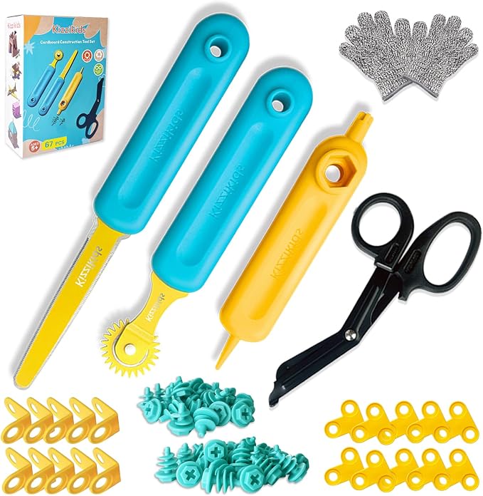 Kizzikids Cardboard Tools for Kids with Cutter &Tool Box, 87 PCS Cardboard Construction Kit for Family & Team Activities, Creative STEM Educational Toys Gift for Boys and Girls Aged 5+