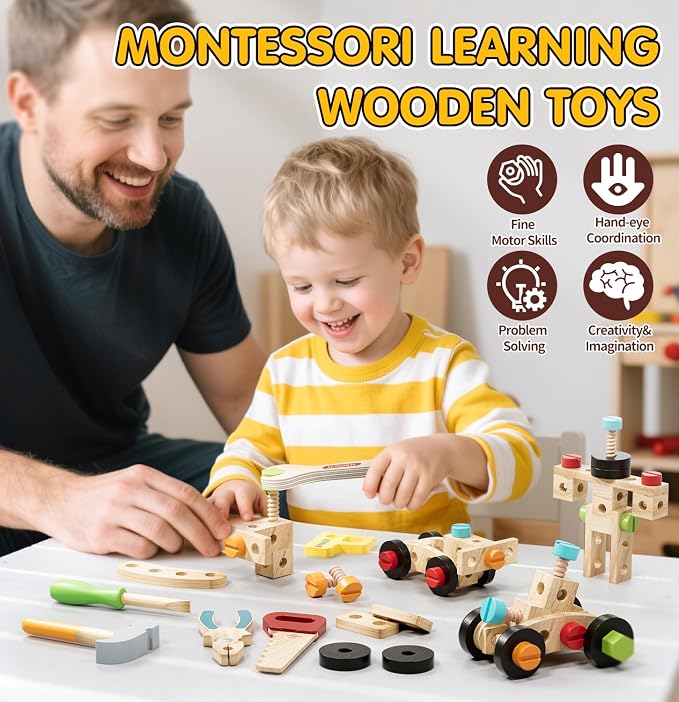 Lehoo Castle Kids Tool Set with Toolbox, Wooden Toys for 3 4 5 Years Old Boy Birthday Gift, Construction Play Tools, STEM Learning Toys for Preschooler, Pretend Play Gifts for Christmas