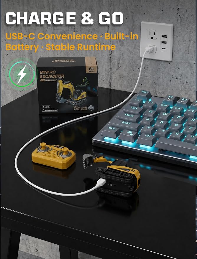 SHINESIGNAL10 Channel Mini RC Excavator Toy, Remote Control Excavator for Adult, Metal Aolly Bucket,Type-C Rechargeable, Construction Vehicle Toy for Boys 3+ Year Old