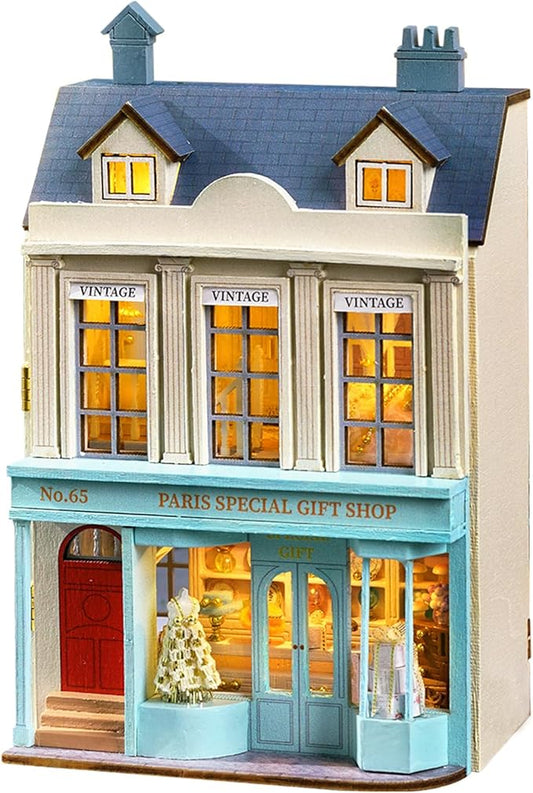 Flever Dollhouse Miniature DIY House Kit Creative Room with Furniture for Romantic Valentine's Gift (Paris Gift Store)