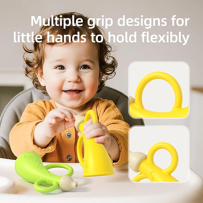 Baby Trumpet Toy 6-12 Months, Silicone Baby horn blowing toy with 2PCS yellow green for Teething Sensory play, Easy Grip Toddler whistle toys 0-6 Months Newborn Gift (Horn)