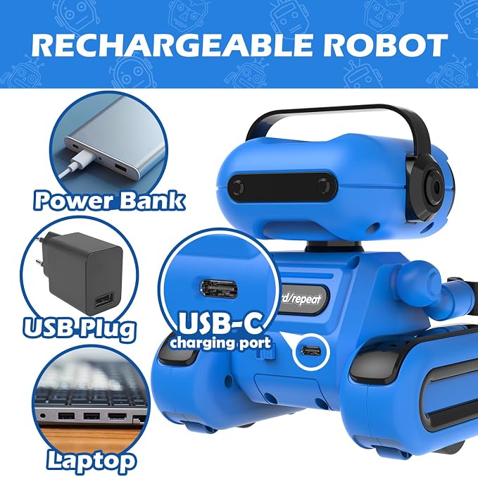 Blue Rechargeable Remote Control Robot Toy for Boys Ages 3+ | Auto Demo, Recording & Repeat, Flexible Head & Arms, Rechargeable RC Robot, Perfect Birthday & Christmas Gift for Little Boys