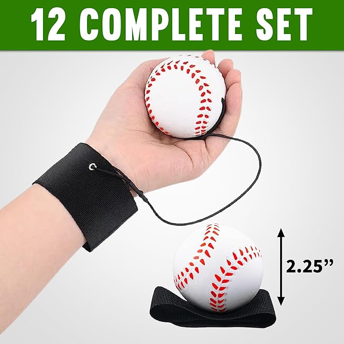 Playbees Reactive Practice Baseballs (12 Pack) – Wrist Return Training Balls with Elastic Cord – Ideal for Hand-Eye Coordination, Spring Training & Kids Outdoor Fun – Party Favors for Boys & Girls