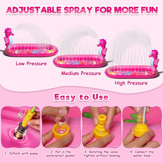 Splash Pad for Toddlers, 3-in-1 Seahorse Inflatable Baby Pool Sprinkler for Kids, Baby Splash Pads Outdoor Play Mat, Backyard Summer Water Toys Birthday Gift for 1+ Year Old Girls Kids